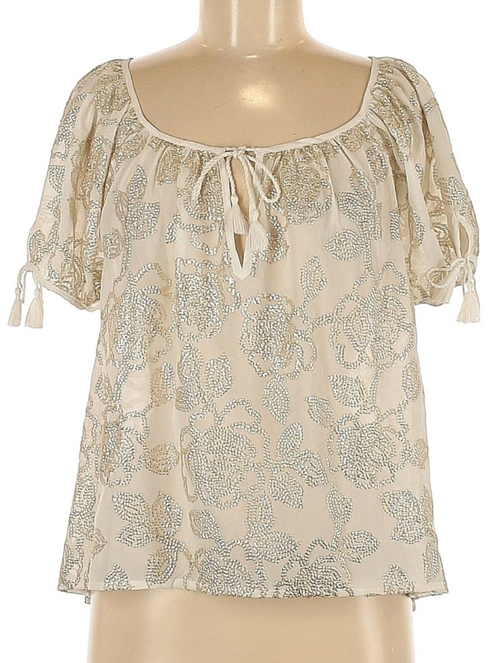 Abercrombie & Fitch Cream Peasant Blouse with Sequins Floral Embroidery